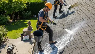 Professional roof cleaning service in Rochester, NY removing moss and debris from a home roof