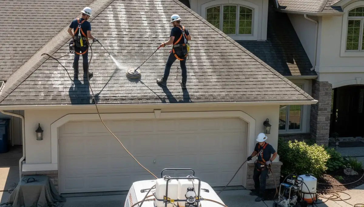 Roof cleaning service in Rochester, NY by FX Remodeling & Exteriors removing moss and debris